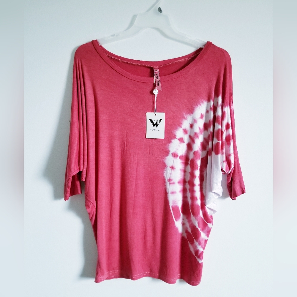 White Mark Washed Red Tie-Dye Relaxed Batwing SleeveTop/dolman Sleeve 1XL